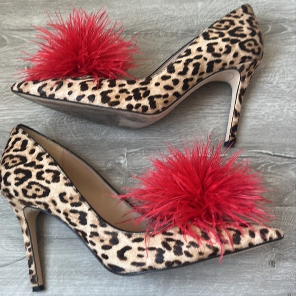 Sam‎ Edelman Leopard Print Heels with Red Feather Pom Poms Pointed Toe Size 6